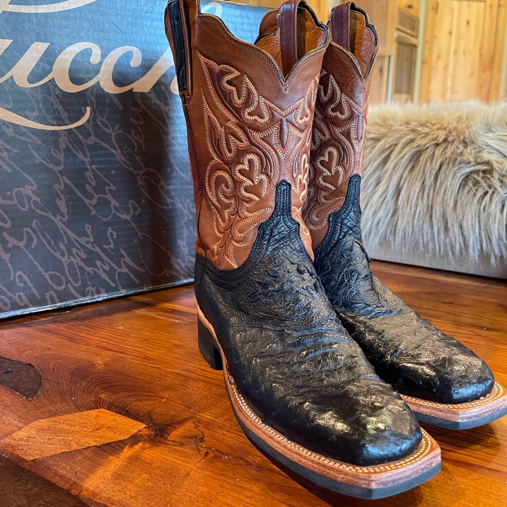 Lucchese Beautiful Black Ostrich with a brown boot shaft.